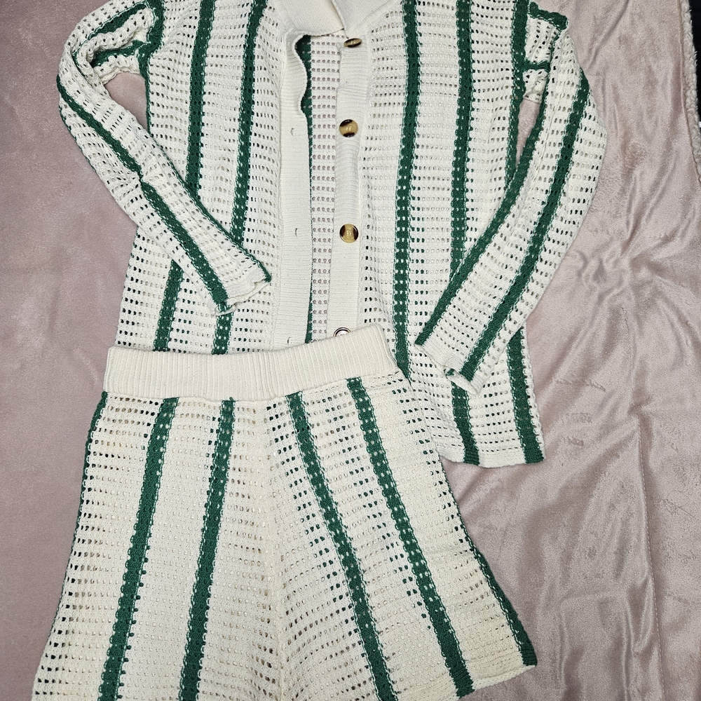 Cream and Green Striped Crochet Two-Piece Set